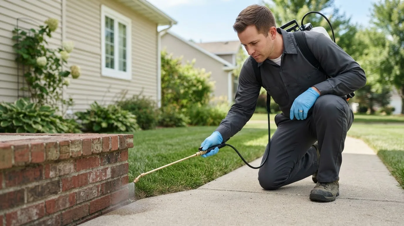 Pest control technician treating a home near Wales Center, NY